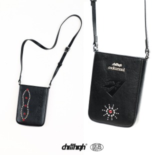 高级皮革极简男女斜挎手机相机包 红宝石钮钉 ChillHigh B5黑袋