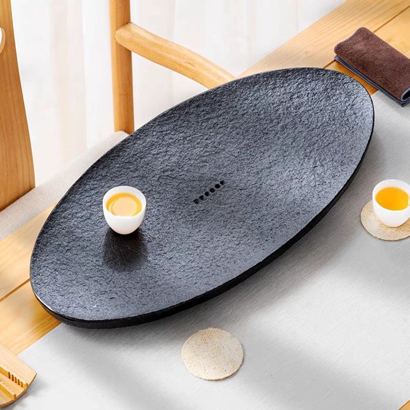 乌金石茶盘天然家用整块石材简约椭圆形茶海火烧石头茶台茶具排水