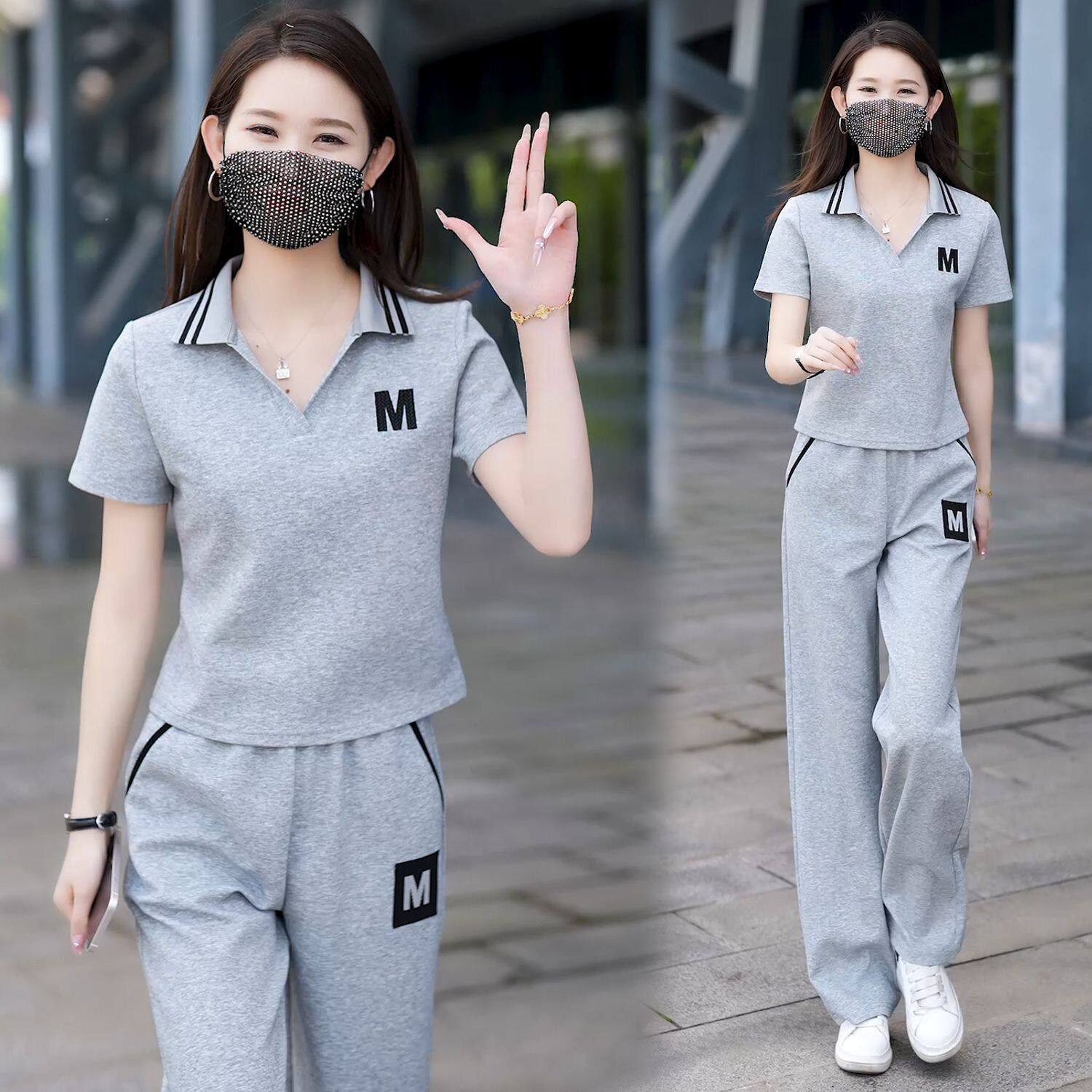 休闲休闲时尚套装女夏天短袖新款洋气翻领运动服显瘦薄款两件套潮