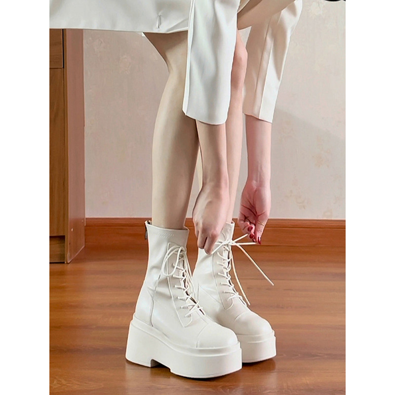 小个子增高白色马丁靴女2025冬季新款大头韩版骑士靴机车靴短靴超