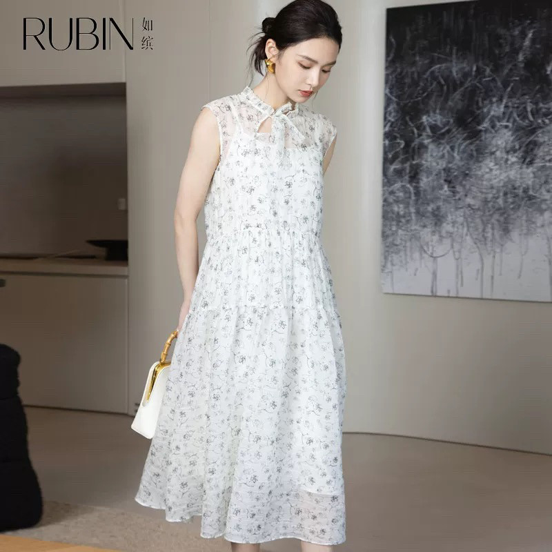如缤RUBIN夏装新款女无袖甜美风中长款连衣裙碎花6A23L64253 - 实物图