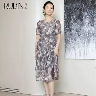 如缤RUBIN夏装新款S码现货中长款休闲雪纺连衣裙短袖6A23L63595
