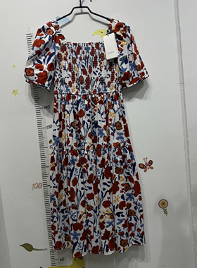 如缤Ru Bin品牌夏装断码正品碎花短袖显瘦方领连衣裙6A28L69363