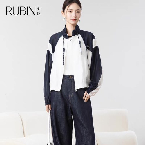 如缤RUBIN秋装新款女撞色运动短外套休闲风拉链防晒服6A31W69460