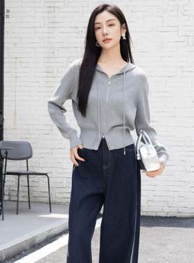 如缤RUBIN春装新款拉链外套连帽长袖毛针织衫上衣6A12M69340