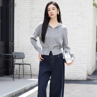 如缤RUBIN春装新款拉链外套连帽长袖毛针织衫上衣6A12M69340