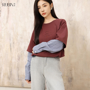 如缤RUBIN春装新款女条纹长袖套头圆领打底衫上衣6A11S63355