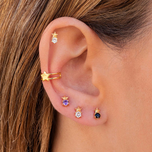 纯银星星耳钉绿松石迷你小耳钉高位耳洞耳骨钉欧美风简约气质耳环
