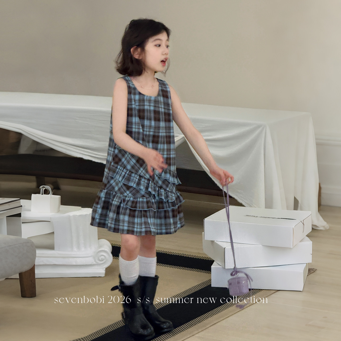柒号童仓女童韩系设计感气质连衣裙夏装儿童复古娃娃裙格纹背心裙图片