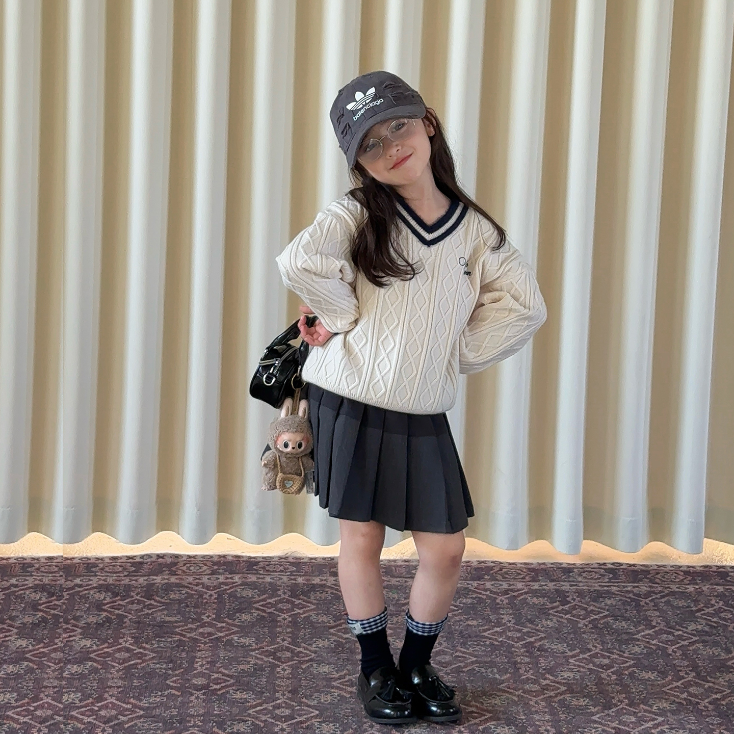 【亲子】柒号童仓儿童韩版洋气毛衣秋装女大童毛领针织V领上衣