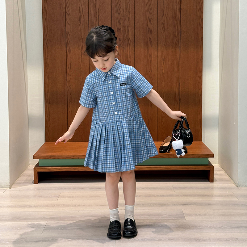 柒号童仓女大童韩版学院风连衣裙夏装新款女童翻领格子休闲裙潮
