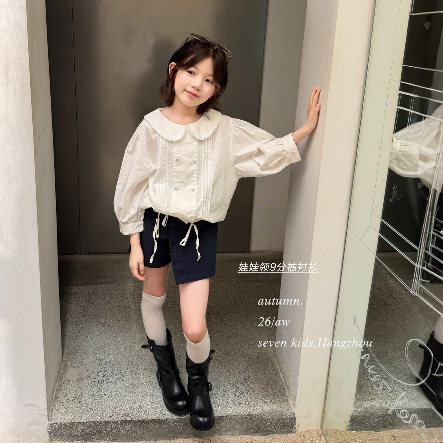 亲子/柒号童仓女大童韩版娃娃领衬衫秋装新款儿童泡泡袖洋气上衣图片