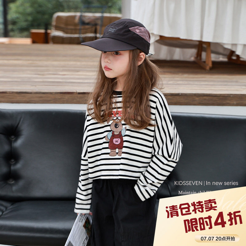 柒号童仓女童韩版时髦条纹长袖T恤春装新款卡通宽松短款上衣潮图片
