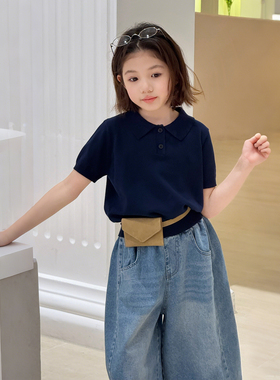 【亲子】柒号童仓女大童复古polo领短袖针织短袖夏装儿童洋气上衣
