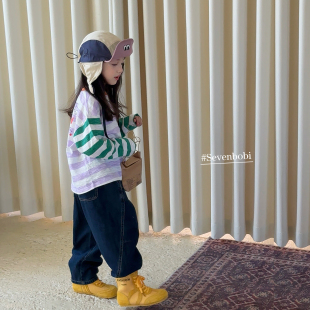 上衣潮 圆领休闲长袖 柒号童仓女大童韩版 设计感条纹T恤秋冬新款