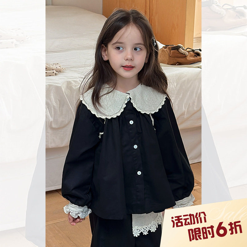 柒号童仓女童韩版娃娃领休闲套装秋装新款简约翻领上衣阔腿裤潮图片