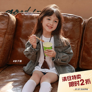 【亲子】柒号童仓韩版洋气牛仔衣春装新款女大童痞帅风牛仔外套