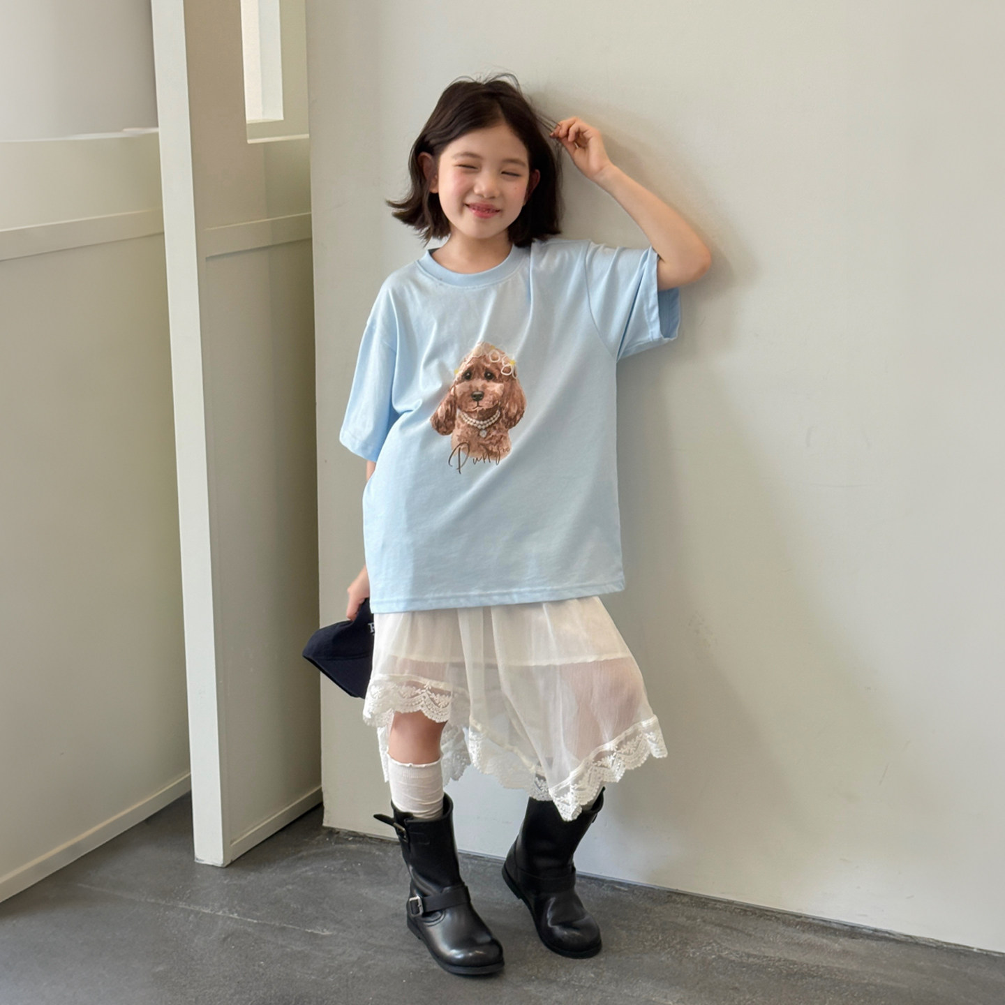 【亲子】柒号童仓女大童韩版小狗印花短袖T恤夏装儿童宽松上衣潮