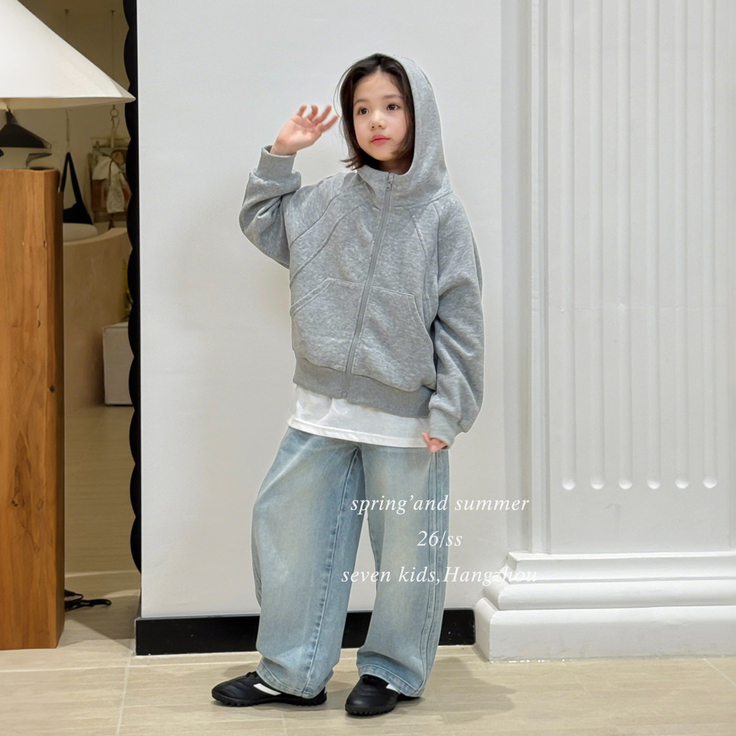 【亲子】柒号童仓女大童韩版灰色连帽拉链外套春装新款卫衣开衫潮