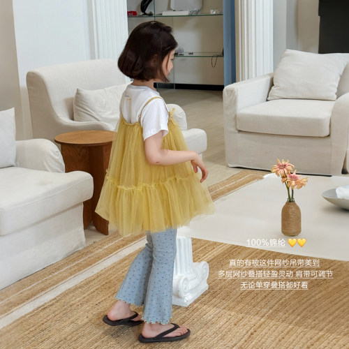 柒号童仓女大童法式蝴蝶结网纱吊带连衣裙夏装新款儿童蓬蓬短裙