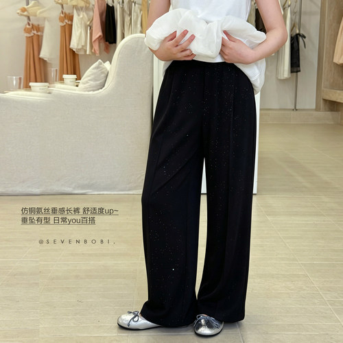 柒号童仓女大童美式闪银运动裤夏装新款儿童洋气宽松垂感阔腿卫裤