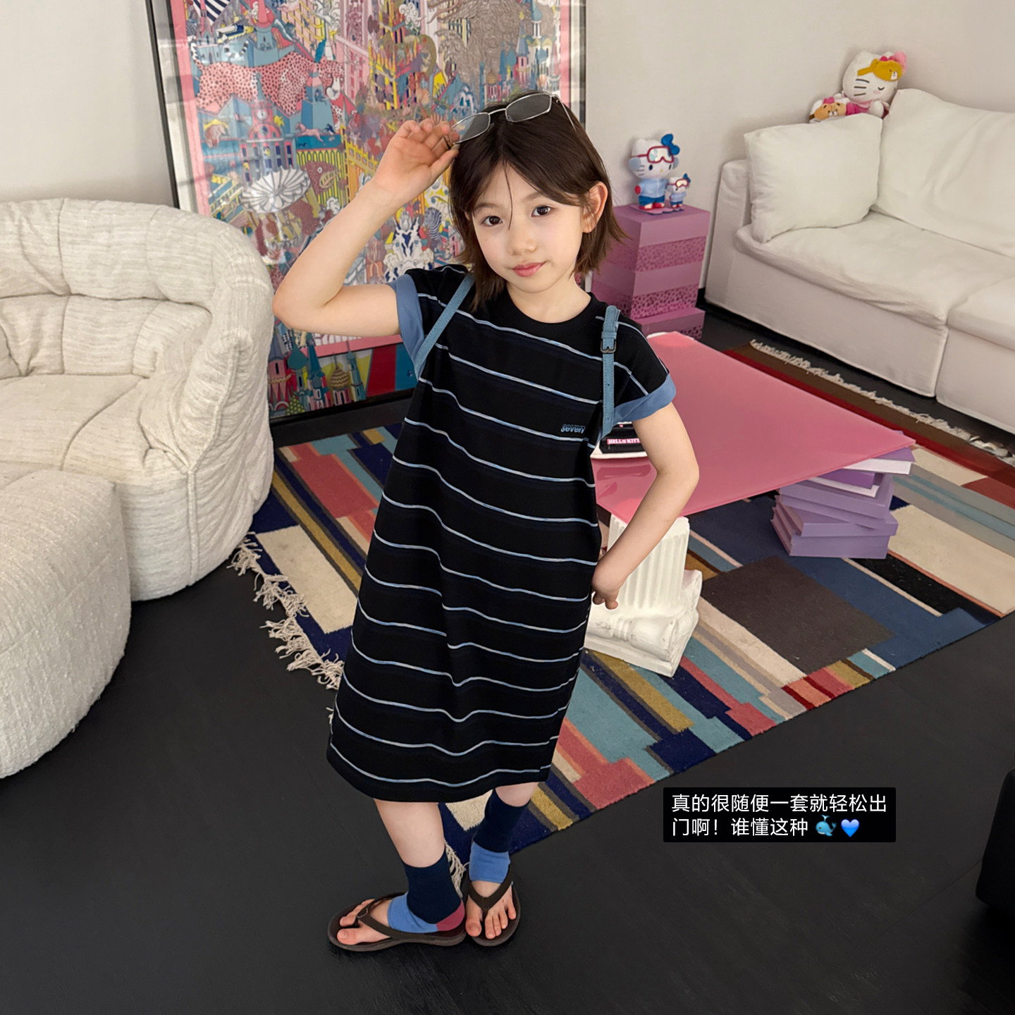 柒号童仓女大童韩系撞色条纹连衣裙夏装新款儿童圆领A字长款T裙潮图片