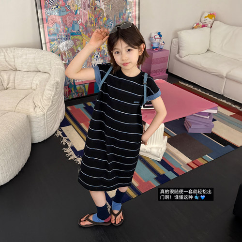 柒号童仓女大童韩系撞色条纹连衣裙夏装新款儿童圆领A字长款T裙潮