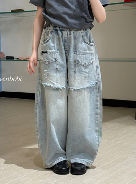 柒号童仓女大童美式假两件拼接弯刀牛仔裤春装新款水洗宽松阔腿裤