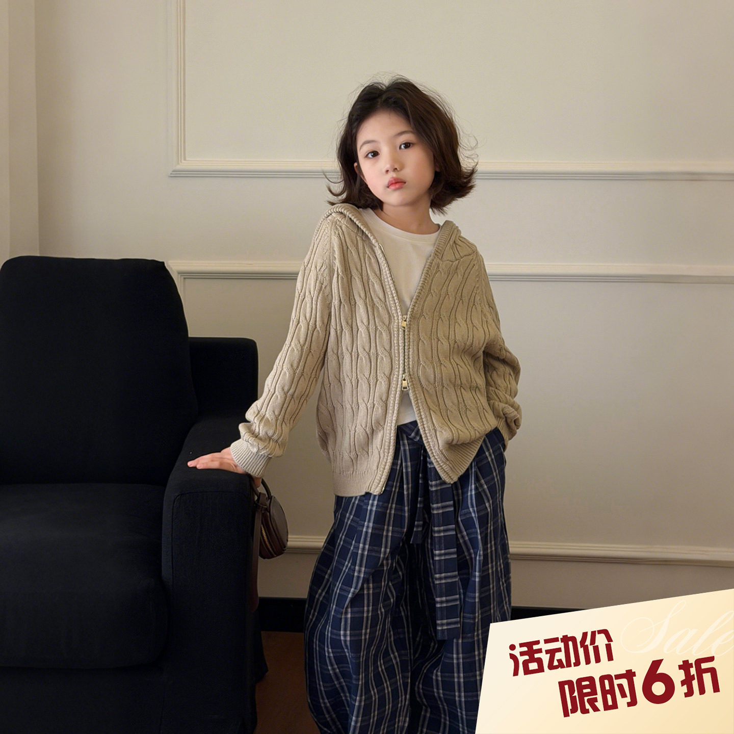【亲子】柒号童仓女大童韩版连帽麻花毛衣春装新款针织开衫外套潮