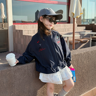 柒号童仓女大童韩版精致刺绣工装外套秋装新款儿童甜酷风上衣潮