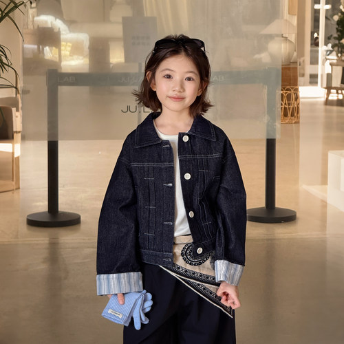 亲子/柒号童仓女大童韩系百搭撞色牛仔外套秋装新款儿童夹克上衣