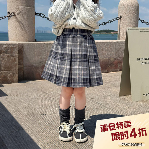 柒号童仓女大童韩版洋气格子裙半身裙秋装新款百褶松紧腰短裙潮