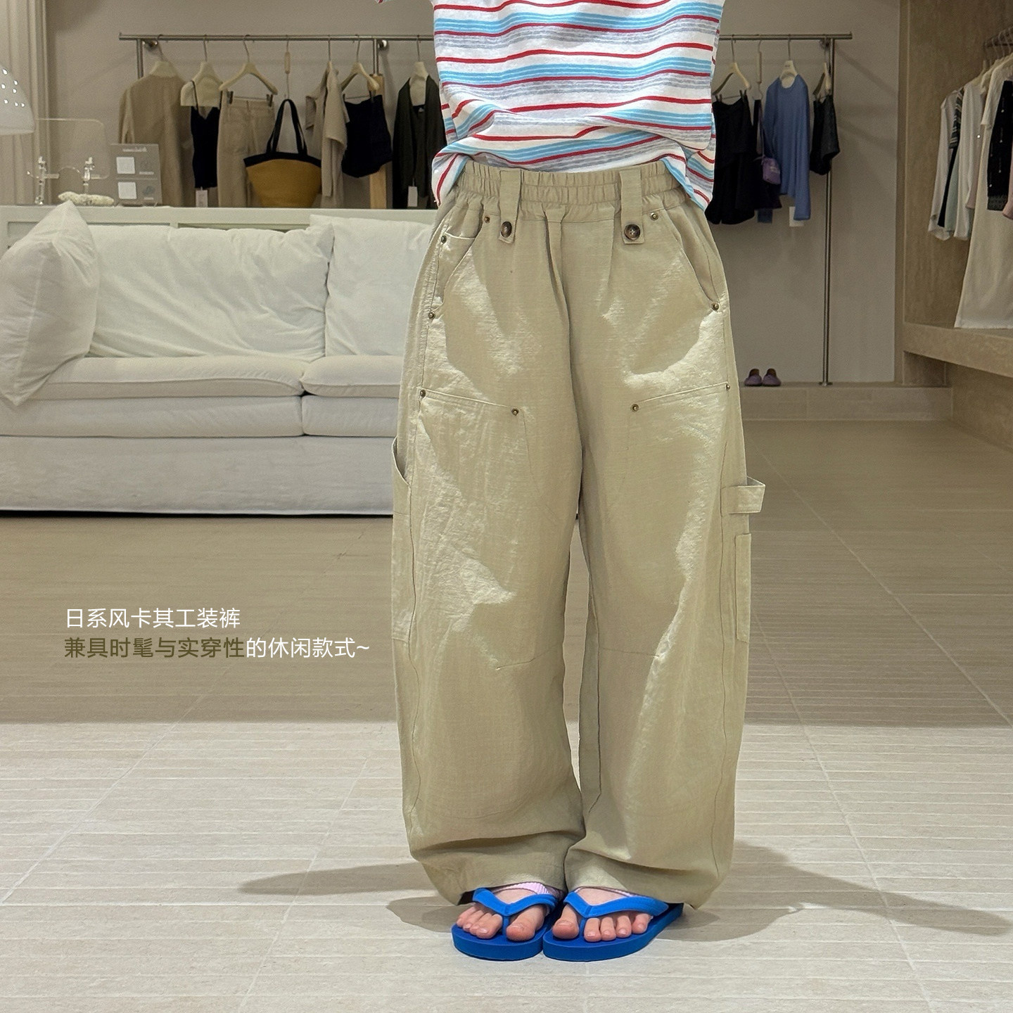 【亲子】柒号童仓女大童韩系卡其色棉麻工装裤薄夏装儿童宽松裤子