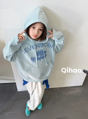 【亲子】柒号童仓女大童美式复古连帽卫衣春装新款慵懒风印花上衣