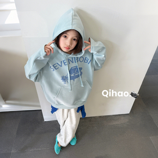 复古连帽卫衣春装 亲子 柒号童仓女大童美式 慵懒风印花上衣 新款
