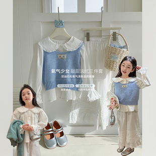 柒号童仓女大童韩版蕾丝刺绣套装春装新款翻领衬衫半身裙背心马甲