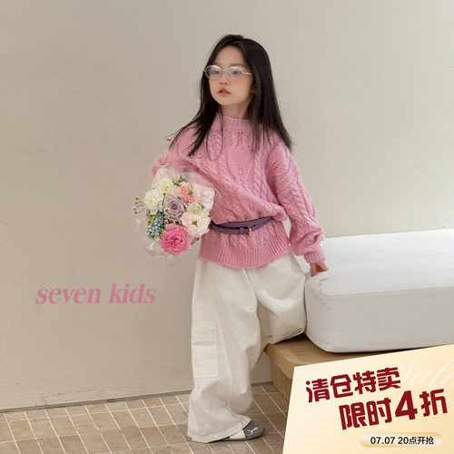 柒号童仓女大童韩版洋气圆领绞花毛衣秋装新款儿童休闲宽松上衣潮