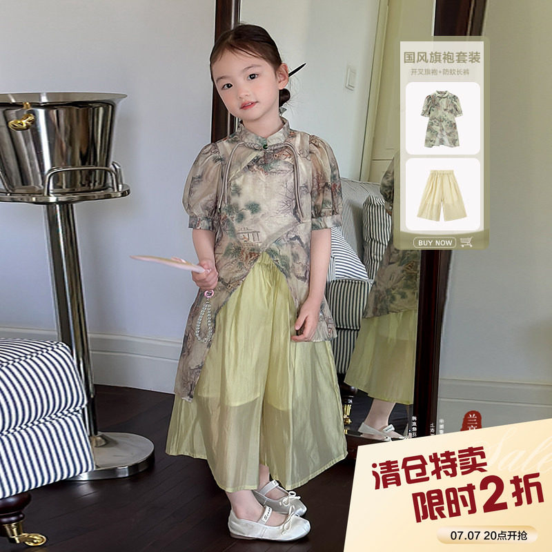 柒号童仓女童新中式泡泡袖旗袍夏装新款国风盘扣改良禅意裙裤潮图片