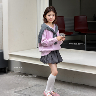 亲子/柒号童仓女大童韩系V领套头毛衣针织衫秋装新款儿童甜美上衣