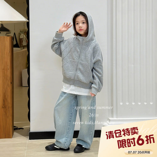 【亲子】柒号童仓女大童韩版灰色连帽拉链外套春装新款卫衣开衫潮
