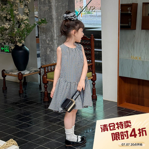 柒号童仓女大童韩版百褶连衣裙夏装新款女童格子背心裙A字公主裙