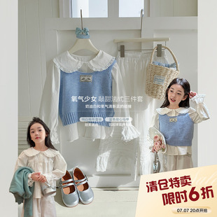 柒号童仓女大童韩版蕾丝刺绣套装春装新款翻领衬衫半身裙背心马甲