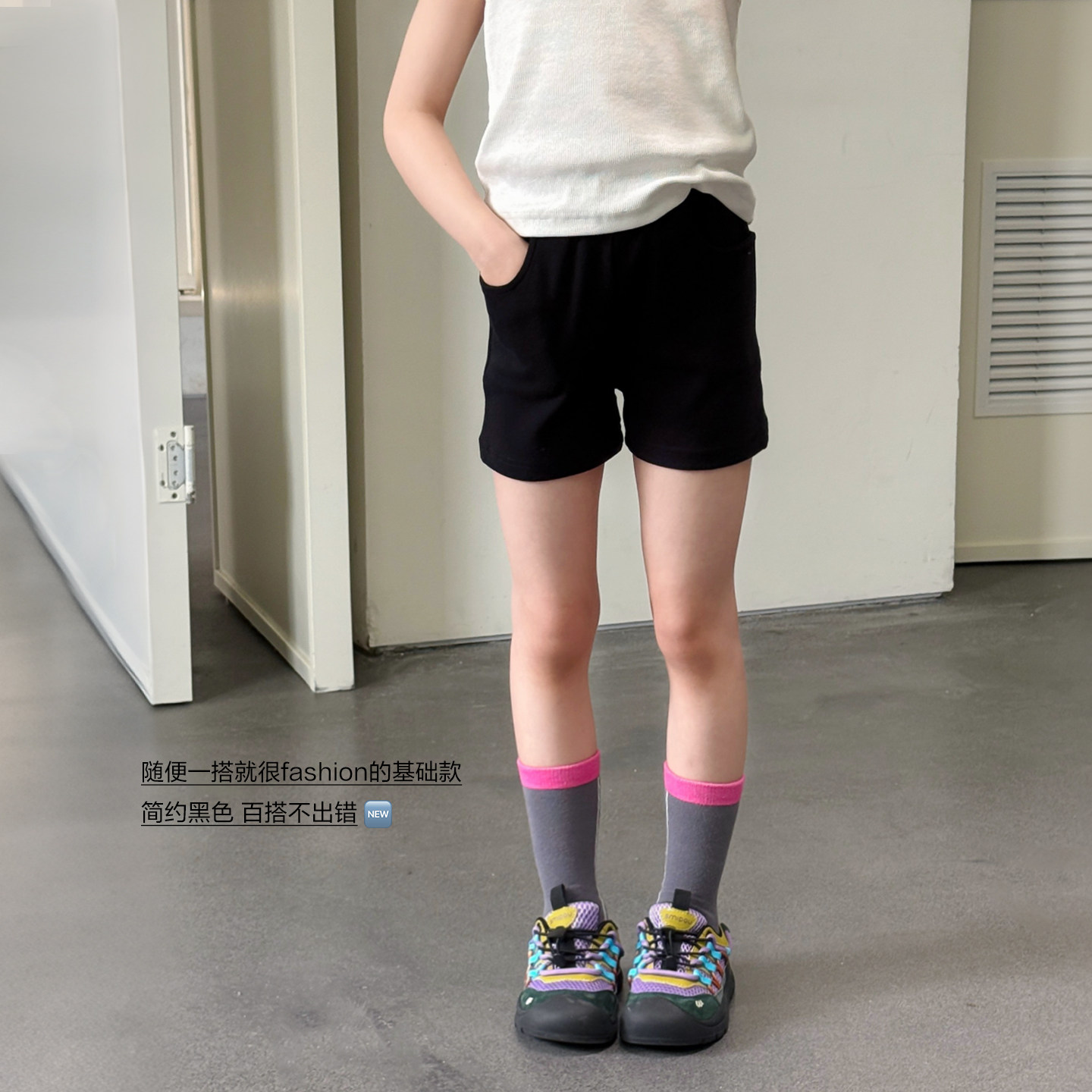 【亲子】柒号童仓女大童美式百搭瘦瘦小黑裤夏装新款儿童休闲短裤