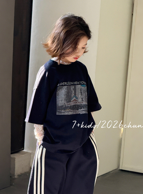 【亲子】柒号童仓女大童美式复古印花短袖T恤春装新款宽松上衣潮