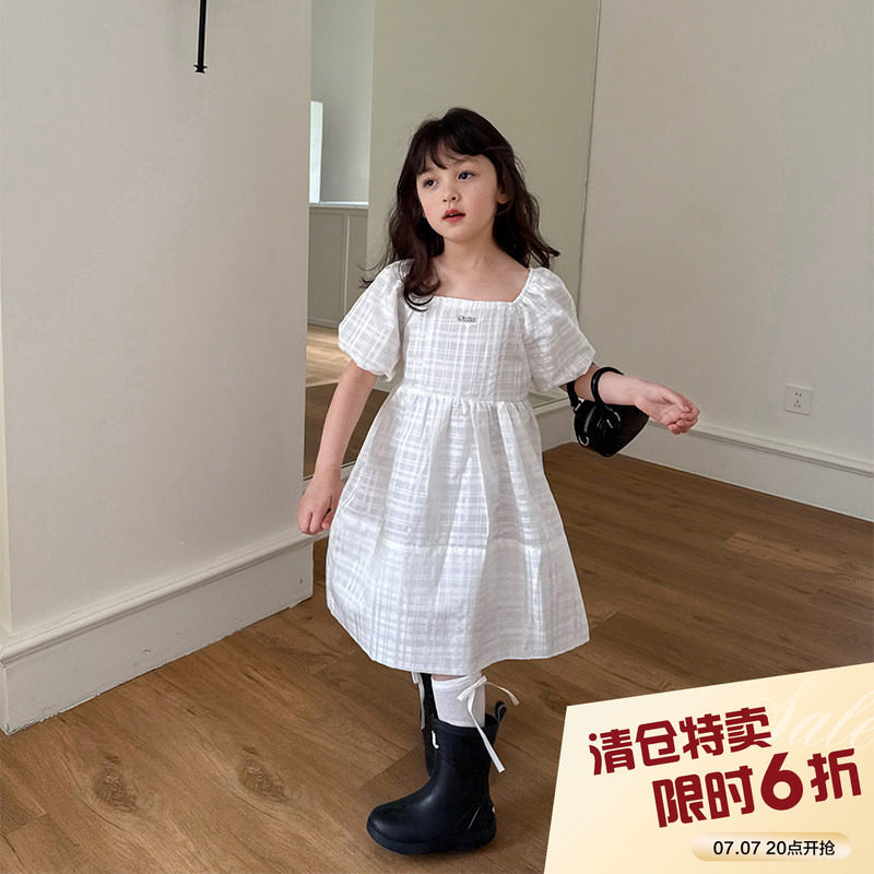 柒号童仓女大童韩版泡泡袖连衣裙夏装新款方领宽松公主裙白裙潮