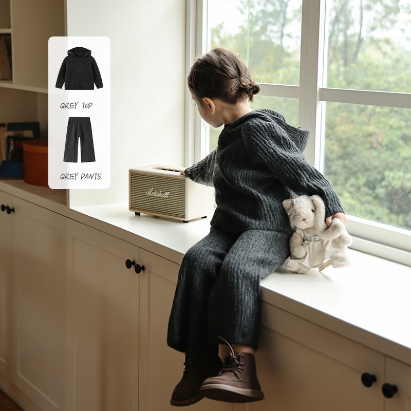 柒号童仓女童韩版洋气针织毛衣套装冬装新款简约连帽上衣休闲裤潮