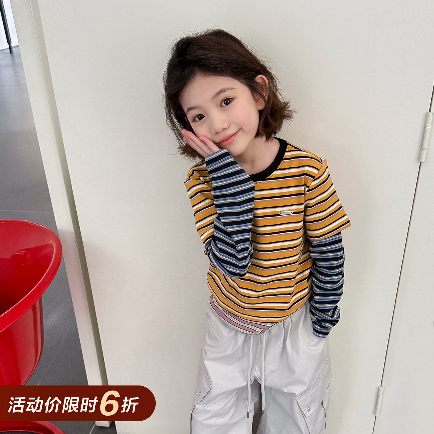 【亲子】柒号童仓女大童韩版撞色假两件T恤春装新款休闲条纹上衣