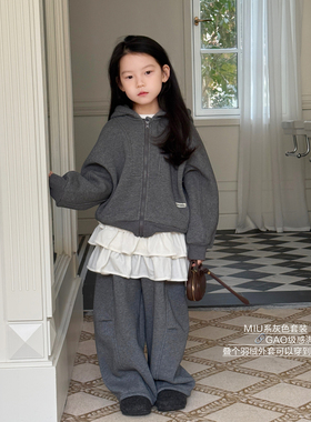 【亲子】柒号童仓女童两件套灰色加绒连帽卫衣运动裤儿童保暖套装