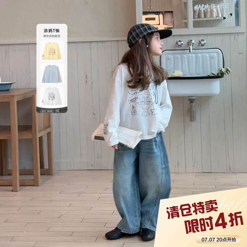 【奈川雪花】柒号童仓女童长袖T恤春装新款儿童宽松卡通印花上衣图片