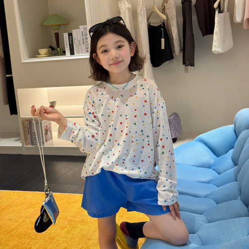 柒号童仓女大童韩系彩色波点轻薄长袖T恤夏装儿童防晒罩衫空调衫